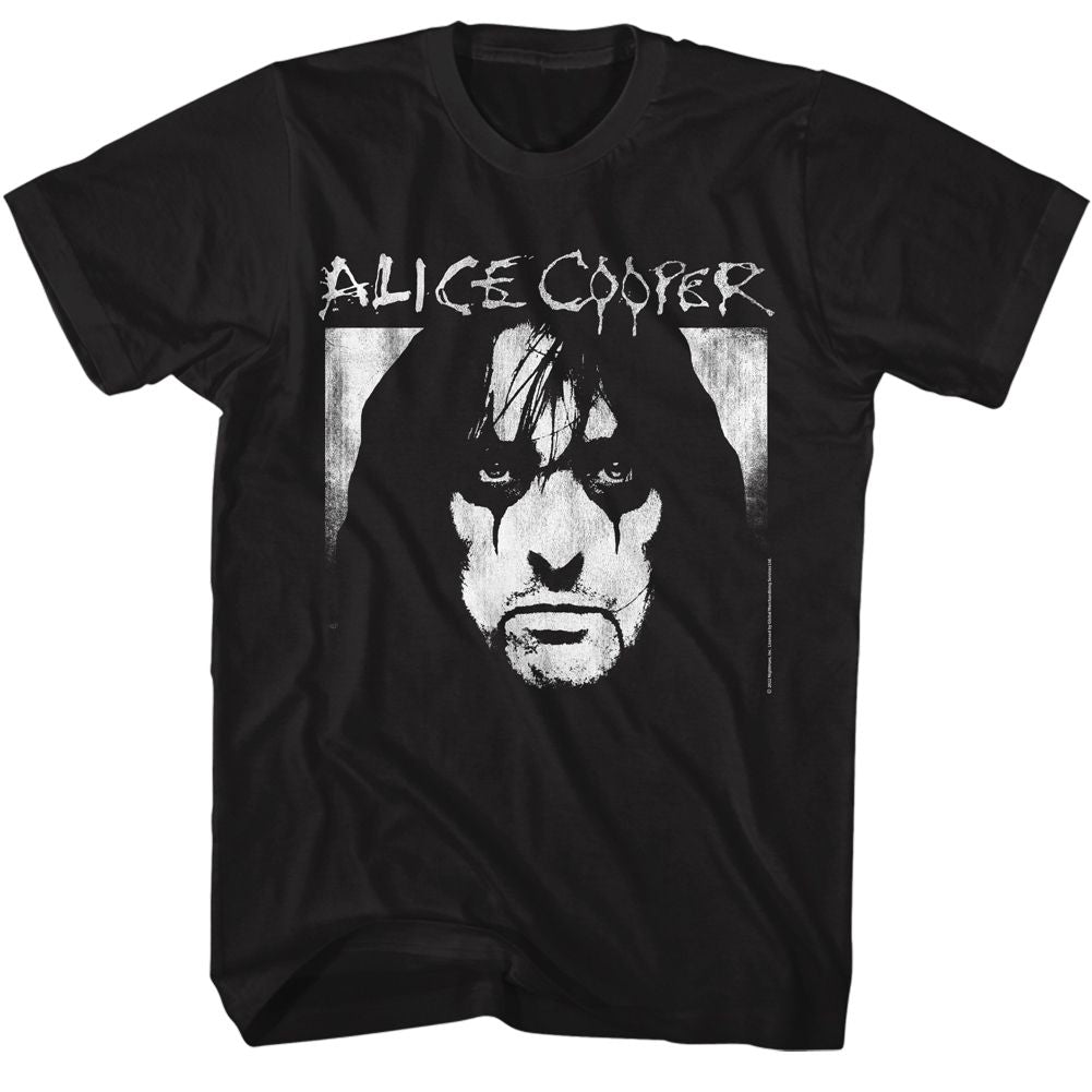 Black Alice Cooper t-shirt featuring Alice Cooper face and logo combined design
