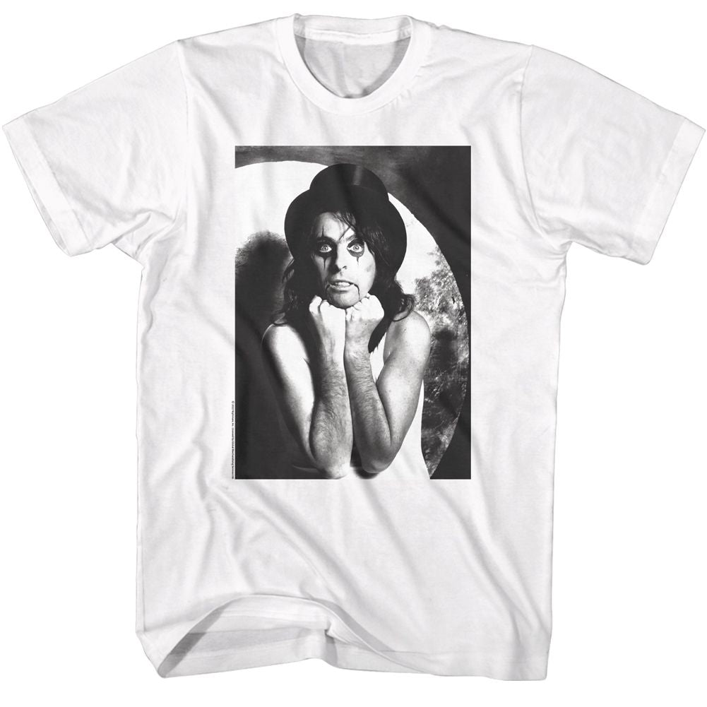 White Alice Cooper t-shirt featuring Alice Cooper black and white classic photo design
