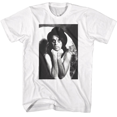 White Alice Cooper t-shirt featuring Alice Cooper black and white classic photo design