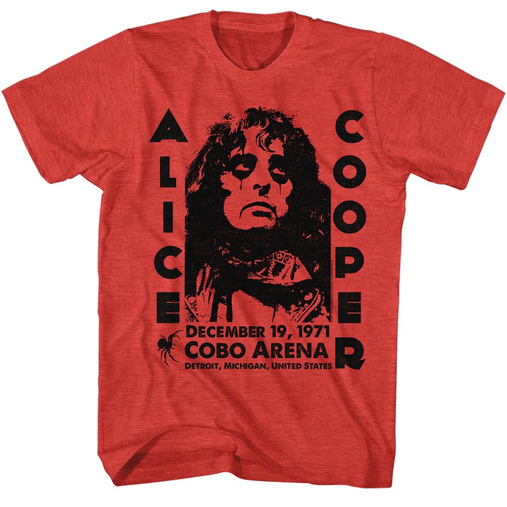 Red heather Alice Cooper t-shirt featuring Alice Cooper Cobo Arena Detroit 1971 design