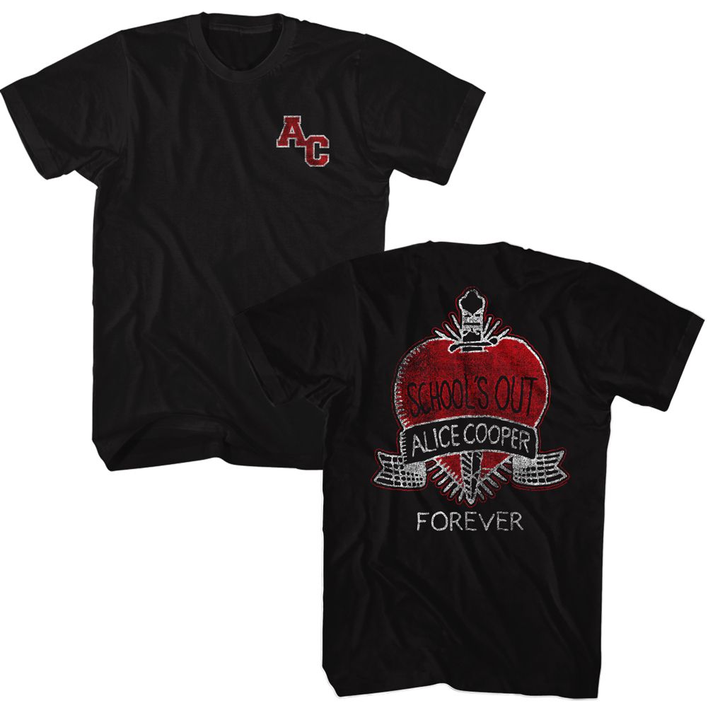 Black Alice Cooper t-shirt featuring Alice Cooper Schools Out varsity letterman design