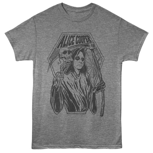 Graphite heather Alice Cooper t-shirt featuring Alice Cooper grim reaper horror design