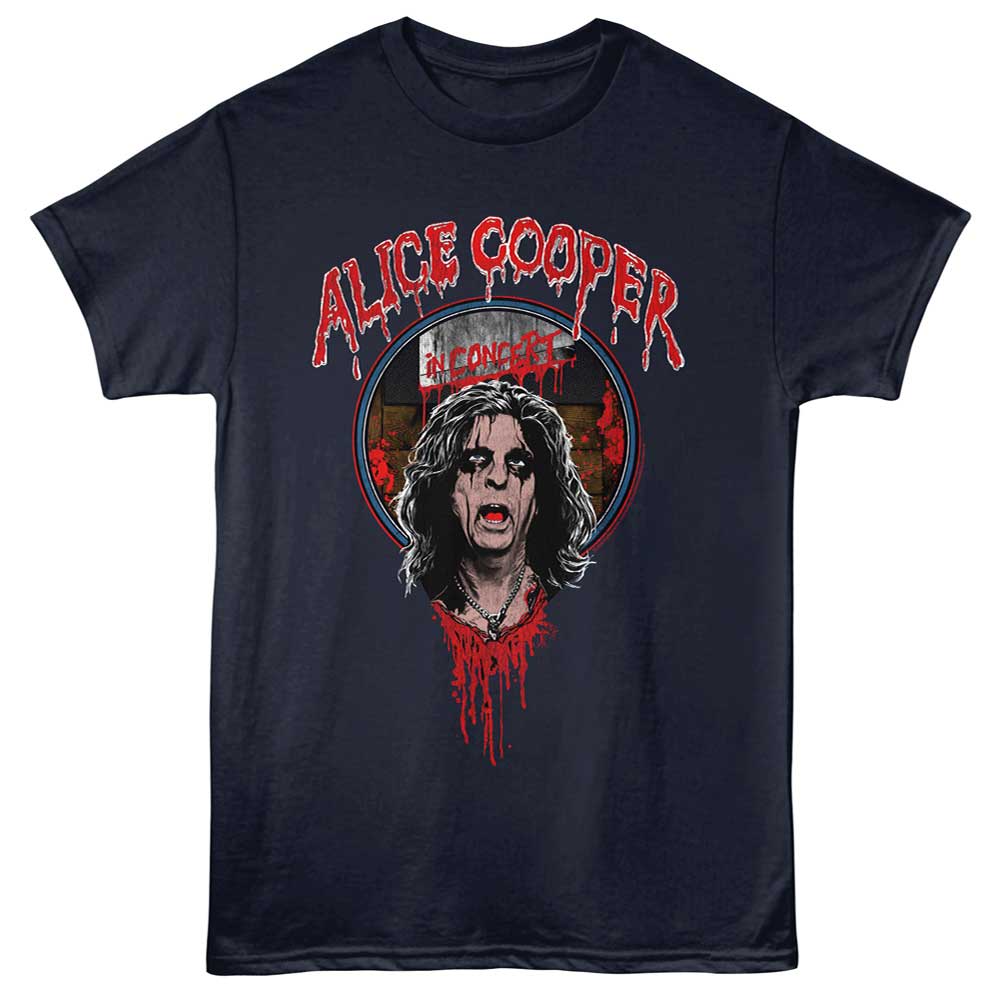Navy Alice Cooper t-shirt featuring Alice Cooper in concert live show design