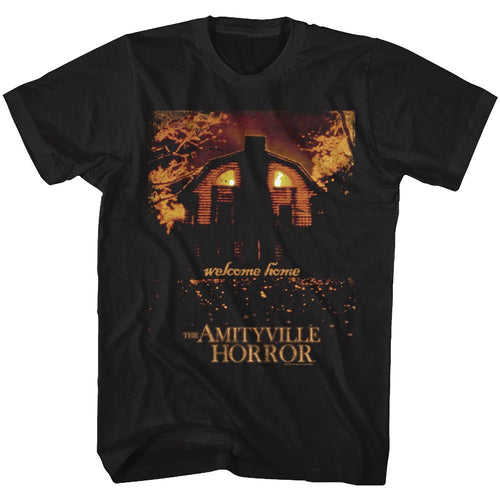 Black Amityville Horror t-shirt featuring Amityville Horror Welcome Home haunted house design