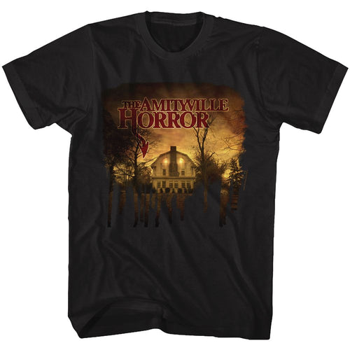 Black Amityville Horror t-shirt featuring Amityville Horror haunted house at 112 Ocean Avenue design