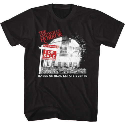 Black Amityville Horror t-shirt featuring Amityville Horror For Sale haunted real estate design