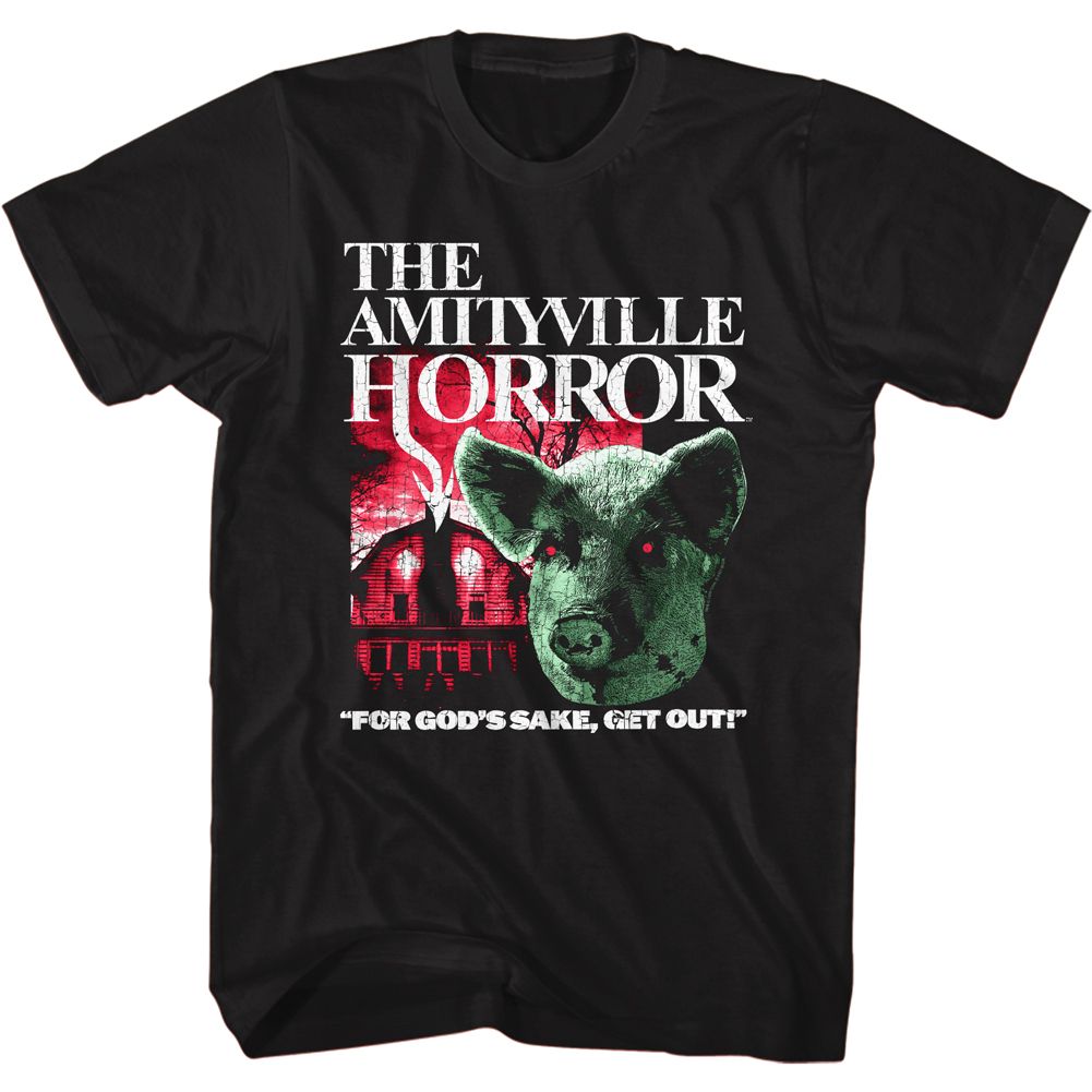 Black Amityville Horror t-shirt featuring Amityville Horror pig demon and house design