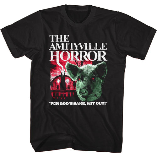 Black Amityville Horror t-shirt featuring Amityville Horror pig demon and house design