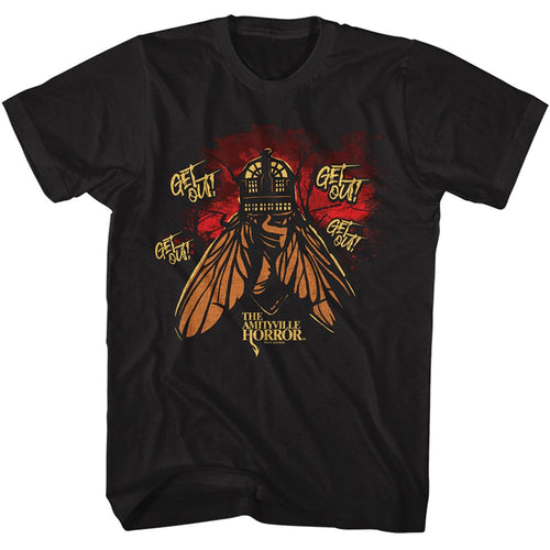 Black Amityville Horror t-shirt featuring Amityville Horror Get Out demonic warning typography design