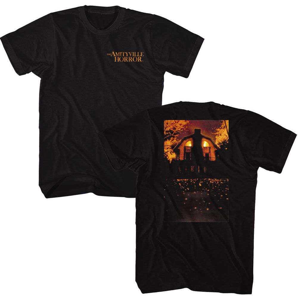 Black Amityville Horror t-shirt featuring Amityville Horror house and logo combined design