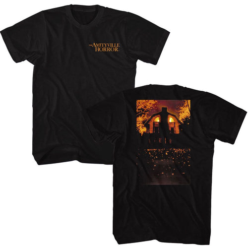 Black Amityville Horror t-shirt featuring Amityville Horror house and logo combined design