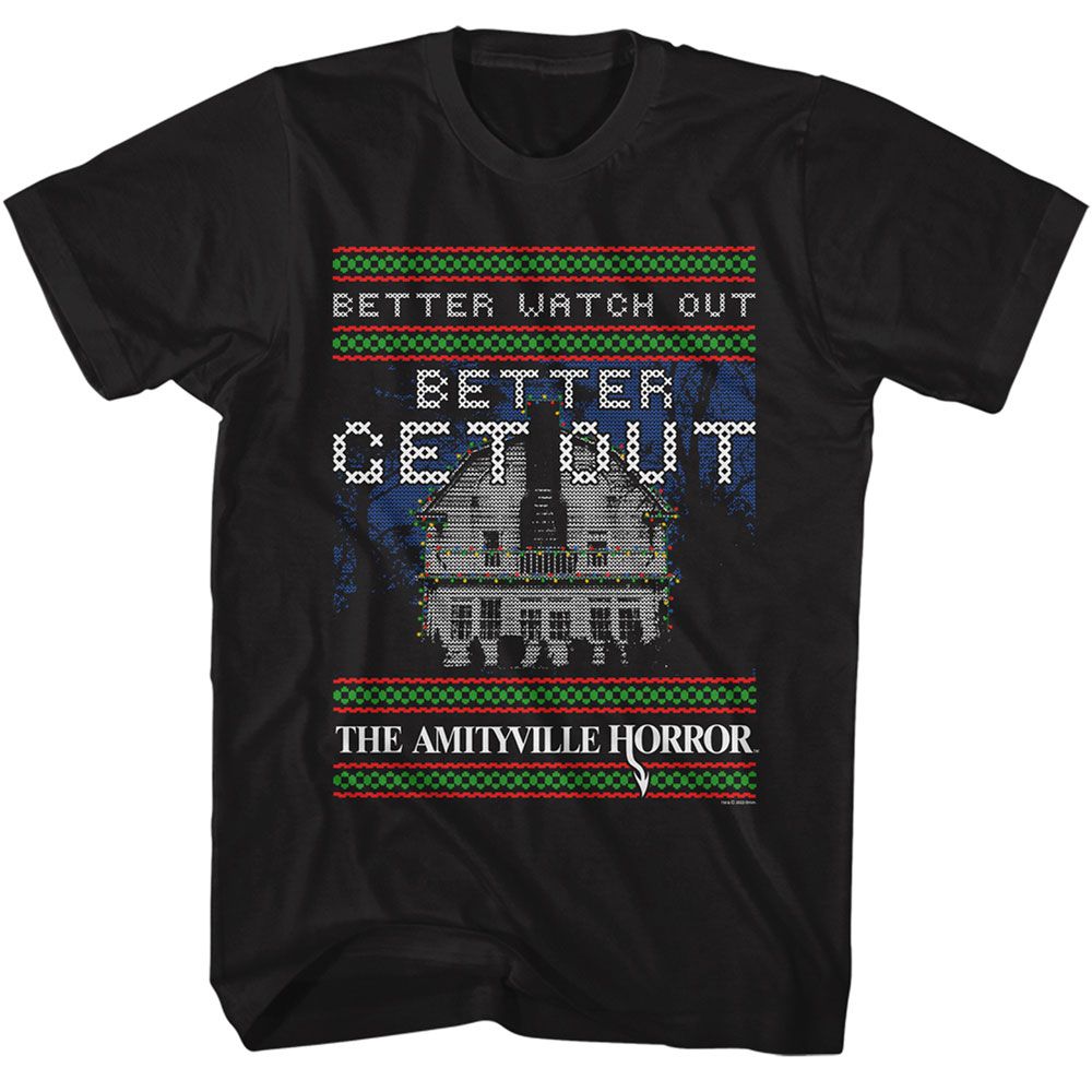 Black Amityville Horror t-shirt featuring Amityville Horror Better Get Out warning design