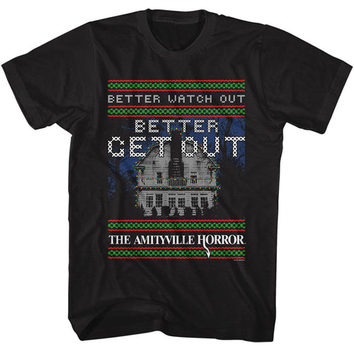 Black Amityville Horror t-shirt featuring Amityville Horror Better Get Out warning design