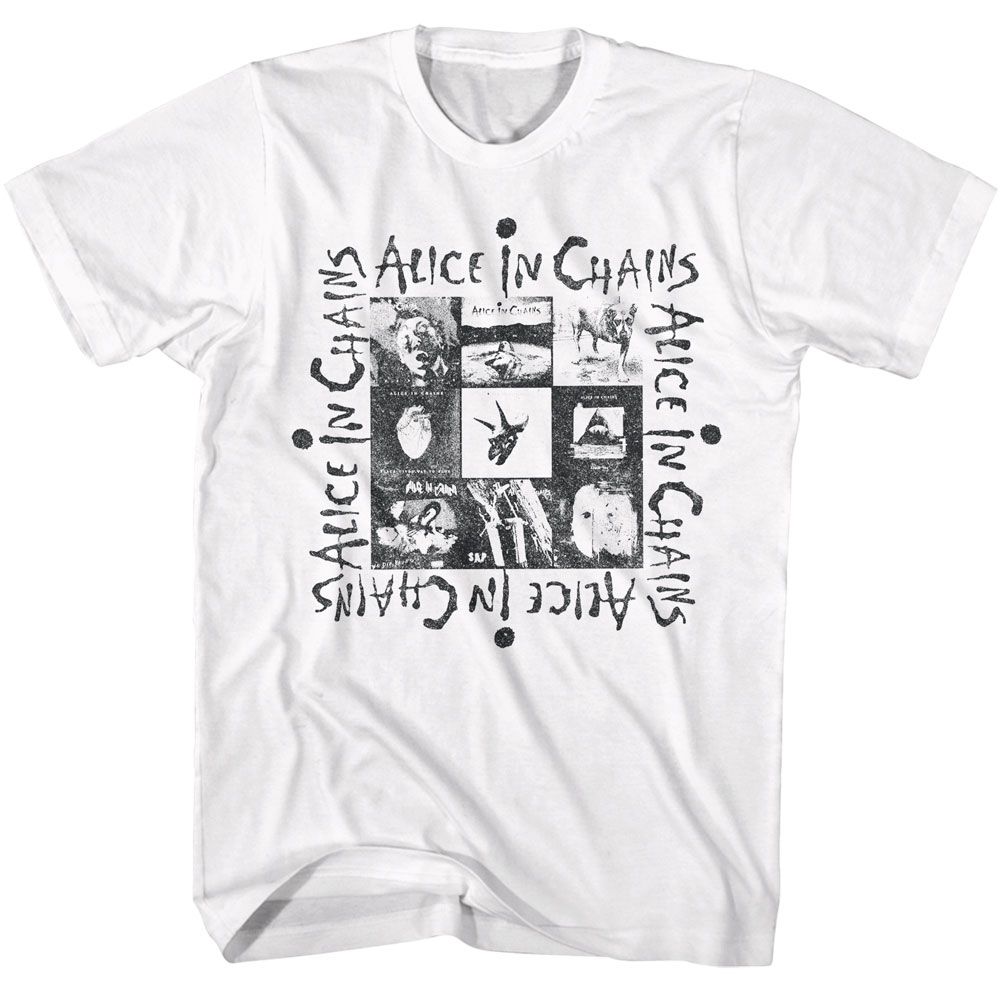 White Alice in Chains t-shirt featuring Alice in Chains multi-album cover collage design