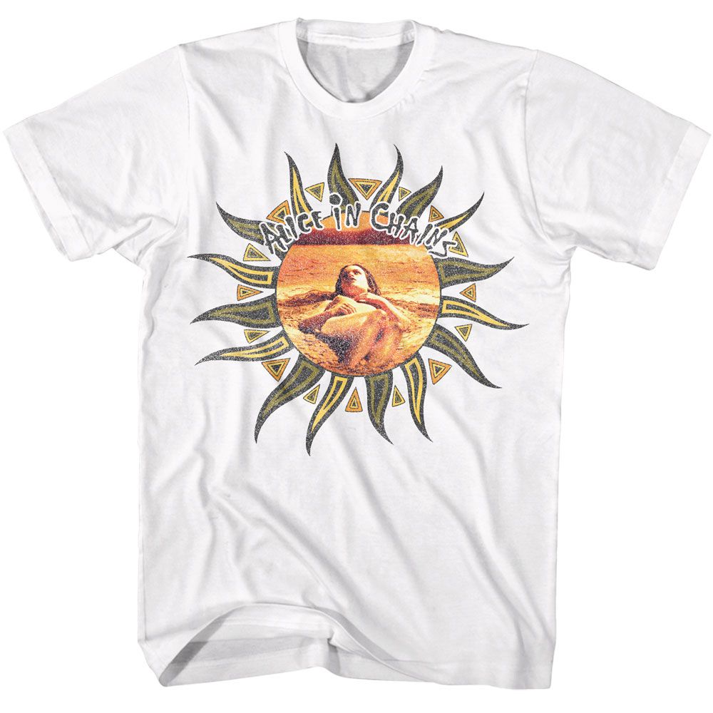 White Alice in Chains t-shirt featuring Alice in Chains Dirt sun imagery design