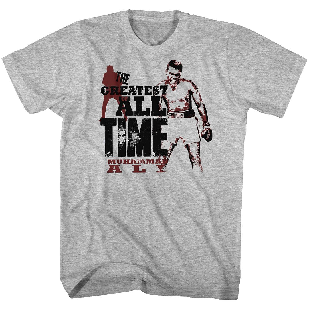 Gray heather Muhammad Ali t-shirt featuring Muhammad Ali The Greatest portrait quote design