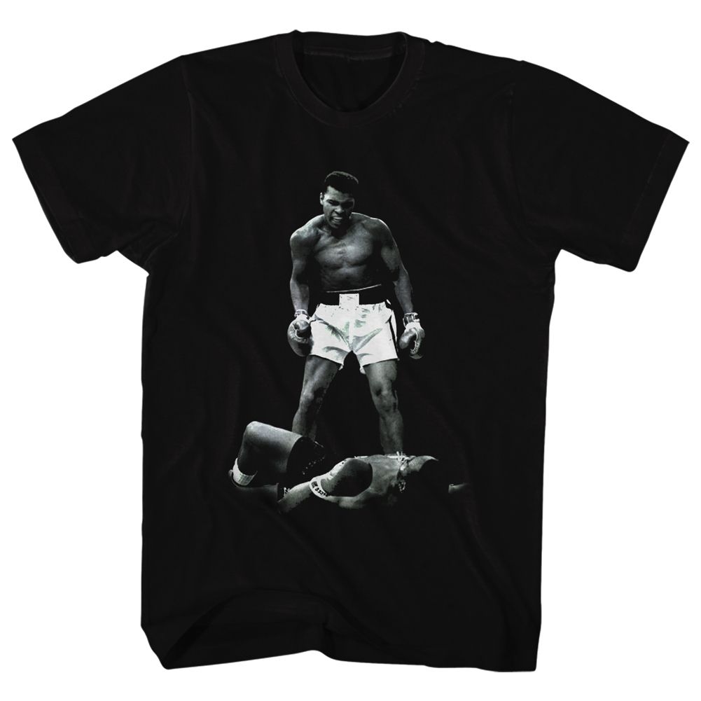 Black Muhammad Ali t-shirt featuring Muhammad Ali standing over Sonny Liston 1965 iconic photo
