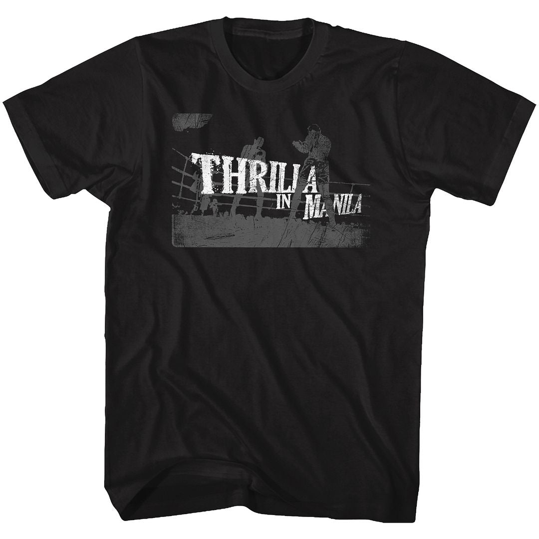 Black Muhammad Ali t-shirt featuring Muhammad Ali Thrilla in Manila 1975 vs Frazier design