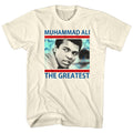 Natural Muhammad Ali t-shirt featuring Muhammad Ali The Greatest portrait quote design