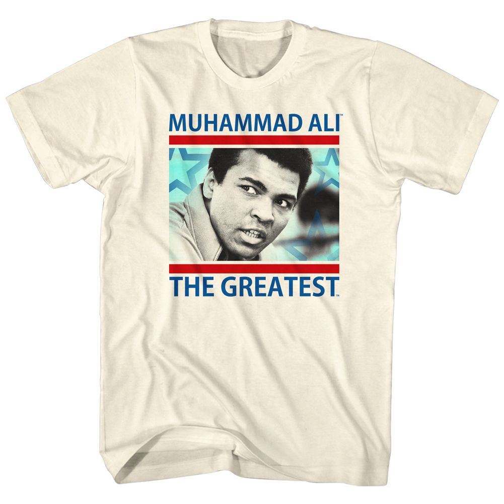 Natural Muhammad Ali t-shirt featuring Muhammad Ali The Greatest portrait quote design
