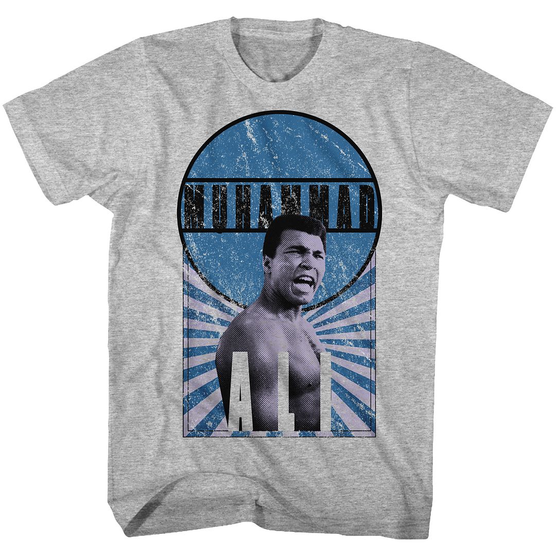 Gray heather Muhammad Ali t-shirt featuring Muhammad Ali Burst O Hammad punching design