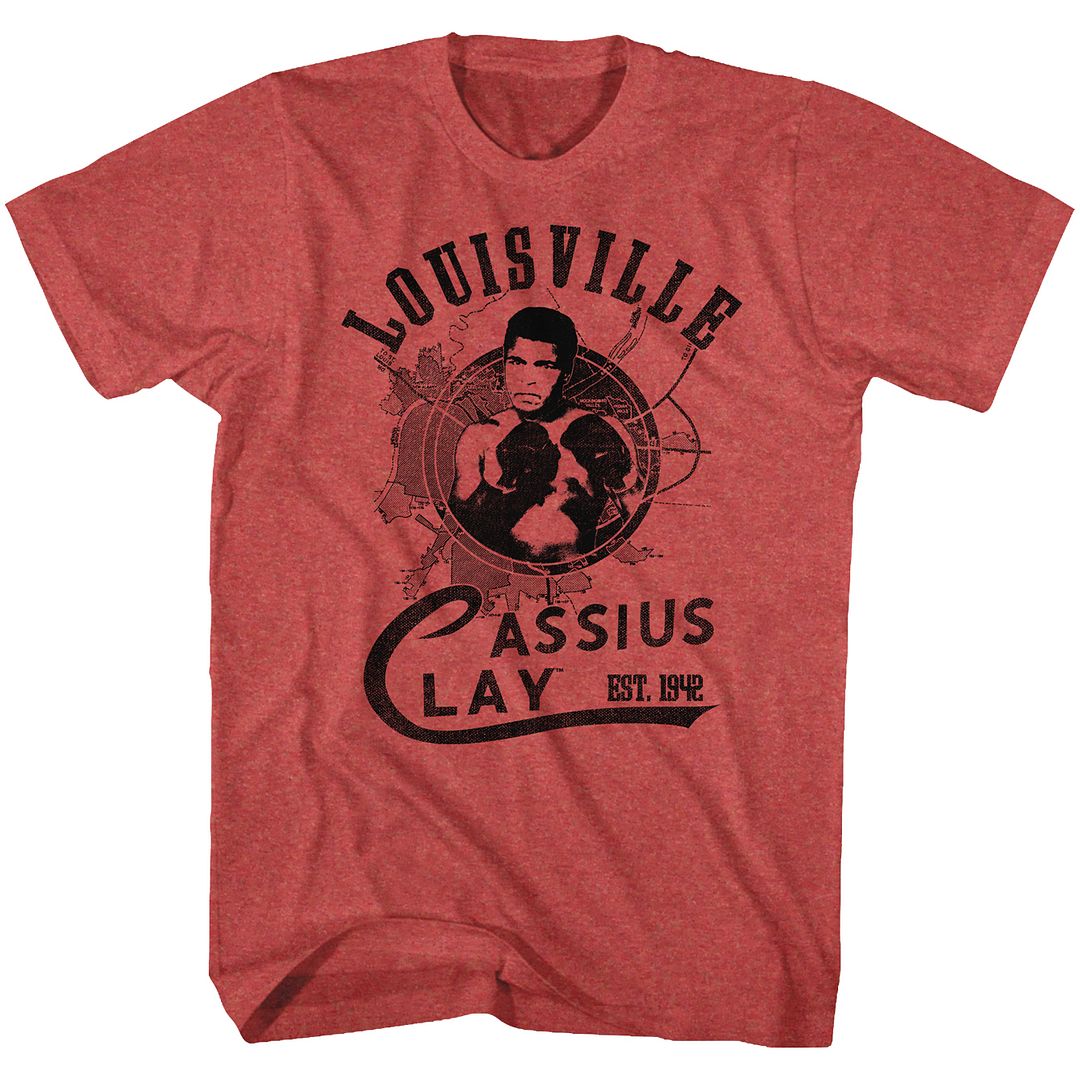 Red heather Muhammad Ali t-shirt featuring Muhammad Ali The Greatest portrait quote design