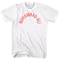 White Muhammad Ali t-shirt featuring Muhammad Ali Arch Text typography design