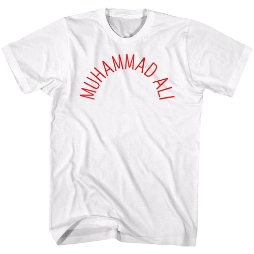 White Muhammad Ali t-shirt featuring Muhammad Ali Arch Text typography design
