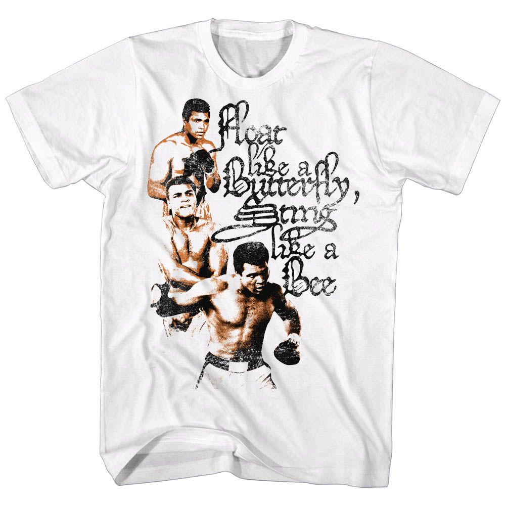 White Muhammad Ali t-shirt featuring Muhammad Ali 3 Poses portrait design