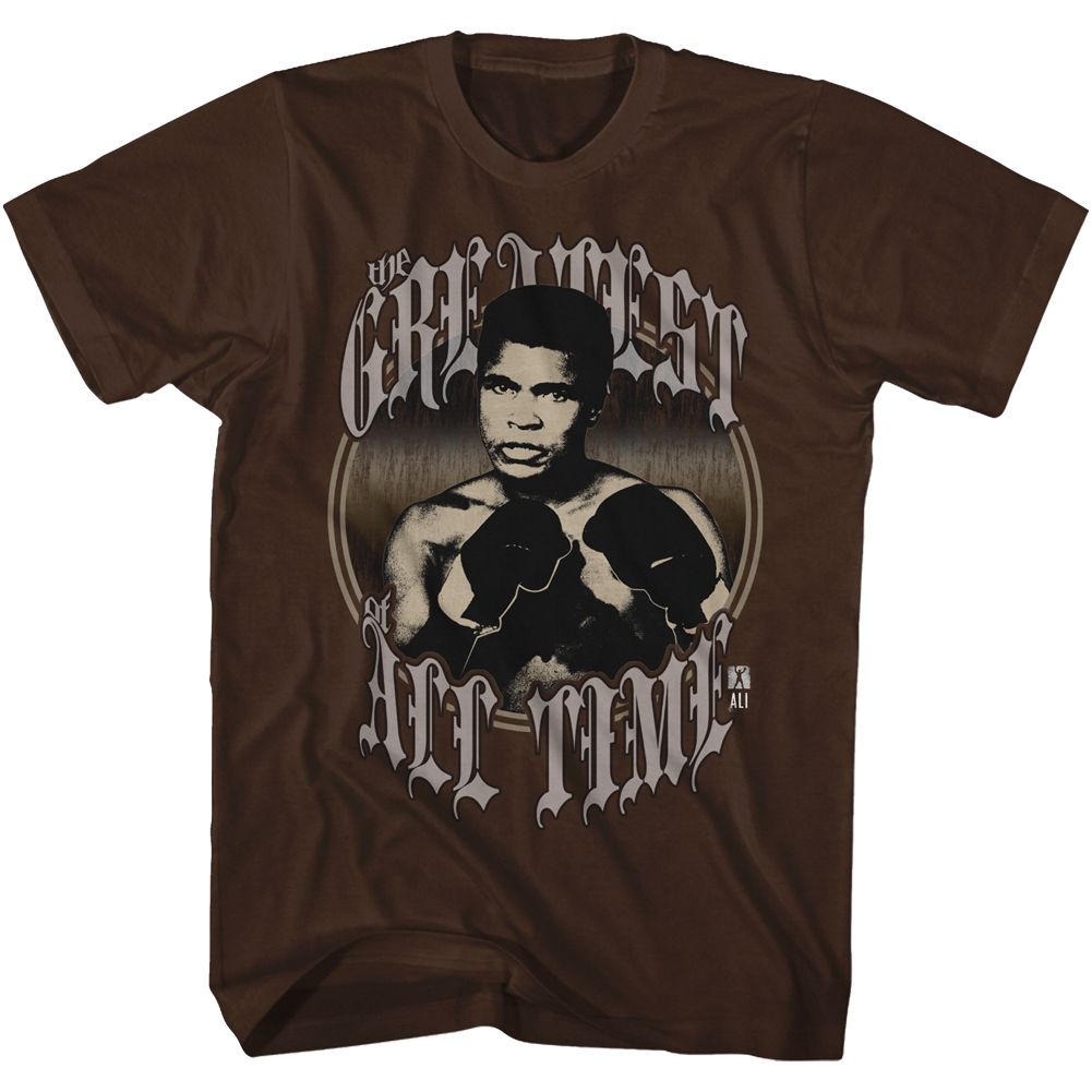 Dark chocolate brown Muhammad Ali t-shirt featuring Muhammad Ali Of All Time GOAT design
