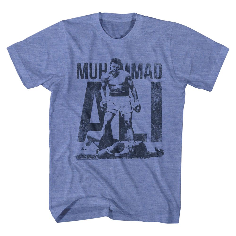 Light blue heather Muhammad Ali t-shirt featuring Muhammad Ali Blue boxing trunks design