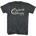Black heather Muhammad Ali t-shirt featuring Muhammad Ali Cassius Clay birth name logo design