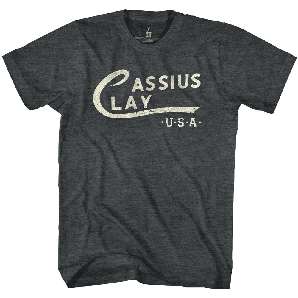Black heather Muhammad Ali t-shirt featuring Muhammad Ali Cassius Clay birth name logo design