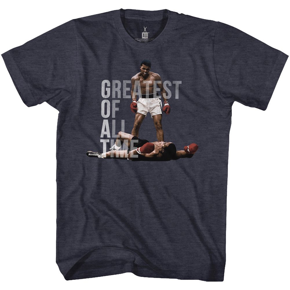 Navy heather Muhammad Ali t-shirt featuring Muhammad Ali GOAT Greatest Of All Time design