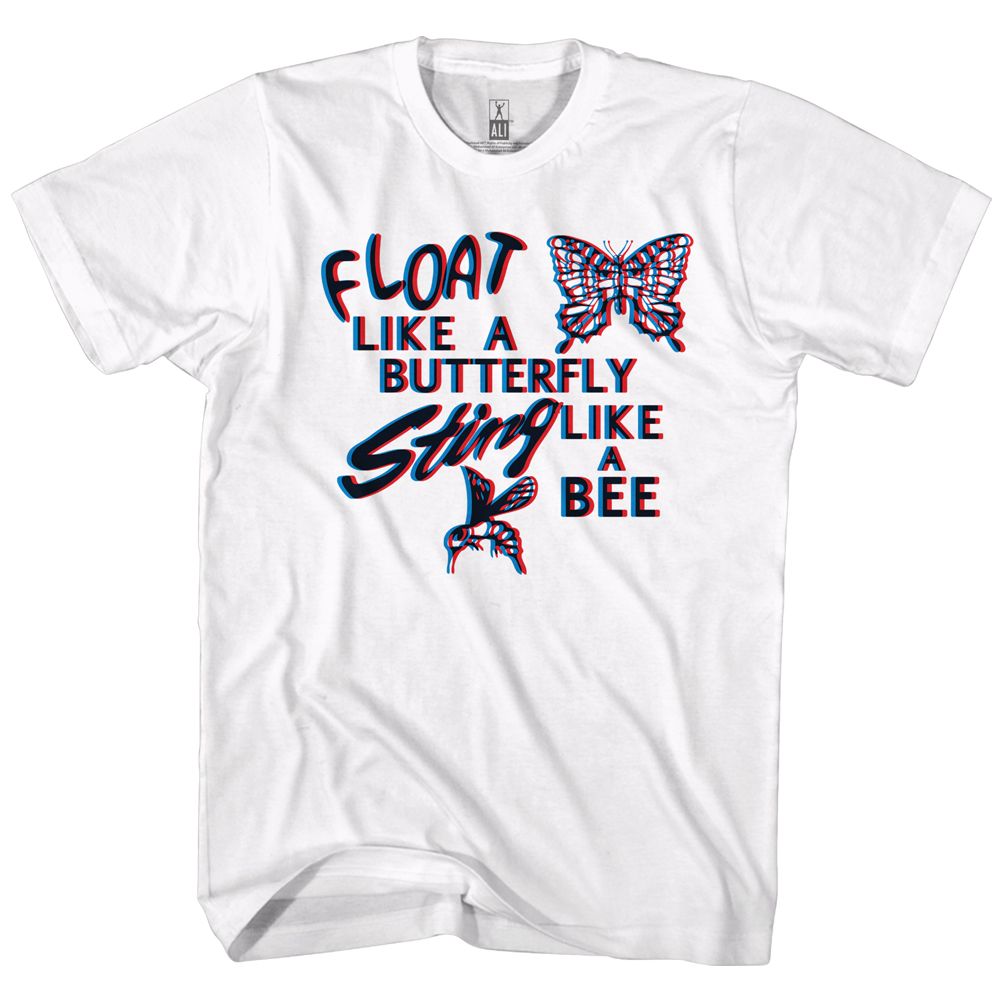 White Muhammad Ali t-shirt featuring Muhammad Ali Float Like A Butterfly quote design