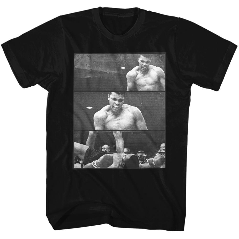 Black Muhammad Ali t-shirt featuring Muhammad Ali over Liston three-panel comic-style design