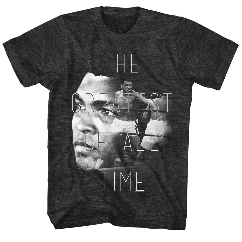 Black heather Muhammad Ali t-shirt featuring Muhammad Ali The GOAT Greatest Of All Time design