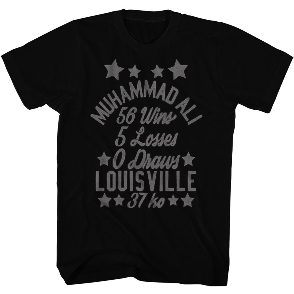 Black Muhammad Ali t-shirt featuring Muhammad Ali Win Loss Draw career record design
