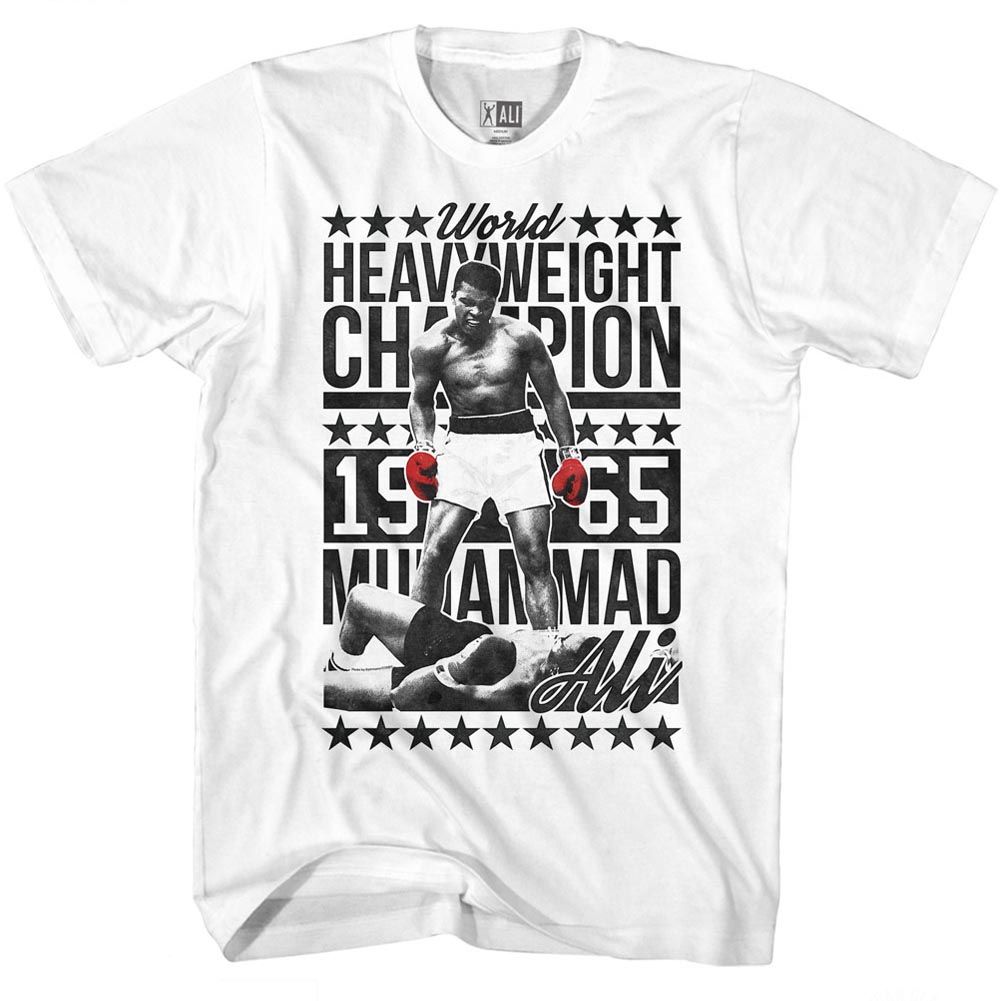 White Muhammad Ali t-shirt featuring Muhammad Ali Sixfourchamp boxing legend design
