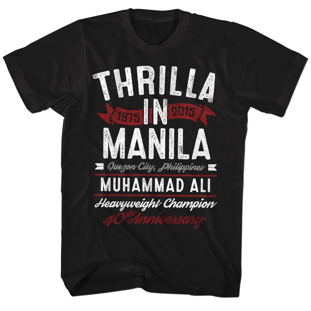 Black Muhammad Ali t-shirt featuring Muhammad Ali Thrilla in Manila vs Frazier 1975 design
