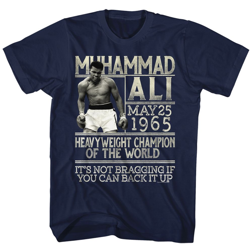 Navy Muhammad Ali t-shirt featuring Muhammad Ali Back It Up design