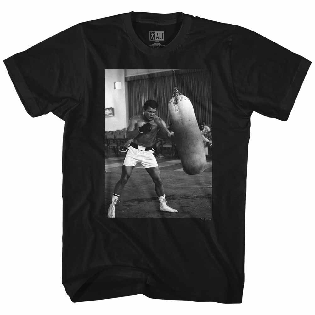 Black Muhammad Ali t-shirt featuring Muhammad Ali Punching Bag training design