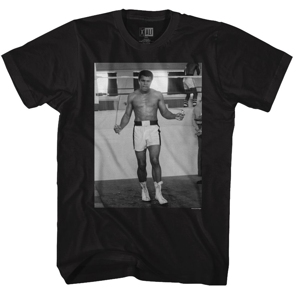 Black Muhammad Ali t-shirt featuring Muhammad Ali Jumping Rope training design
