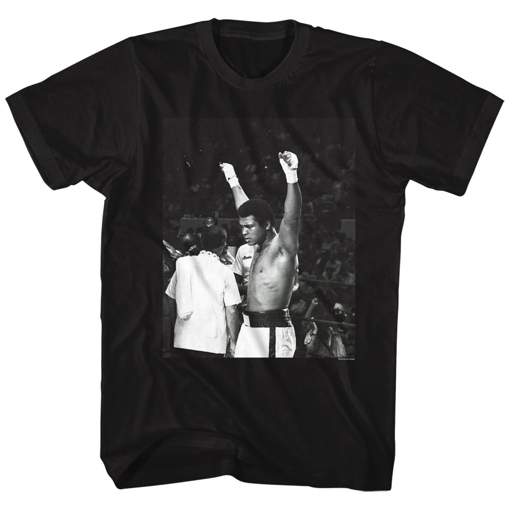 Black Muhammad Ali t-shirt featuring Muhammad Ali Hands In The Air victory design