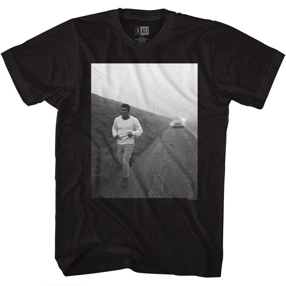 Black Muhammad Ali t-shirt featuring Muhammad Ali Road Running training design