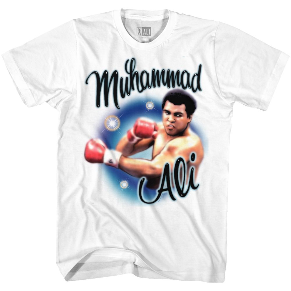White Muhammad Ali t-shirt featuring Muhammad Ali Airbrush Punch portrait design