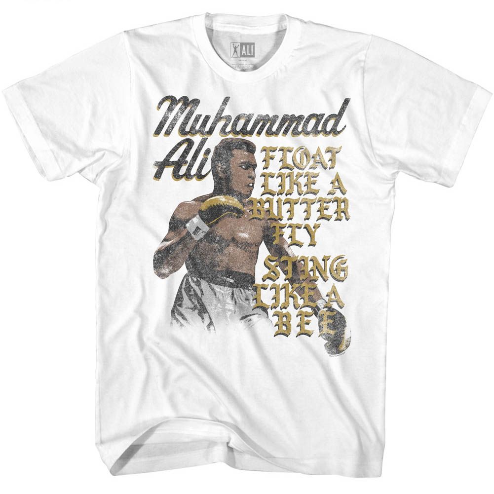 White Muhammad Ali t-shirt featuring Muhammad Ali FloatSting compact quote design
