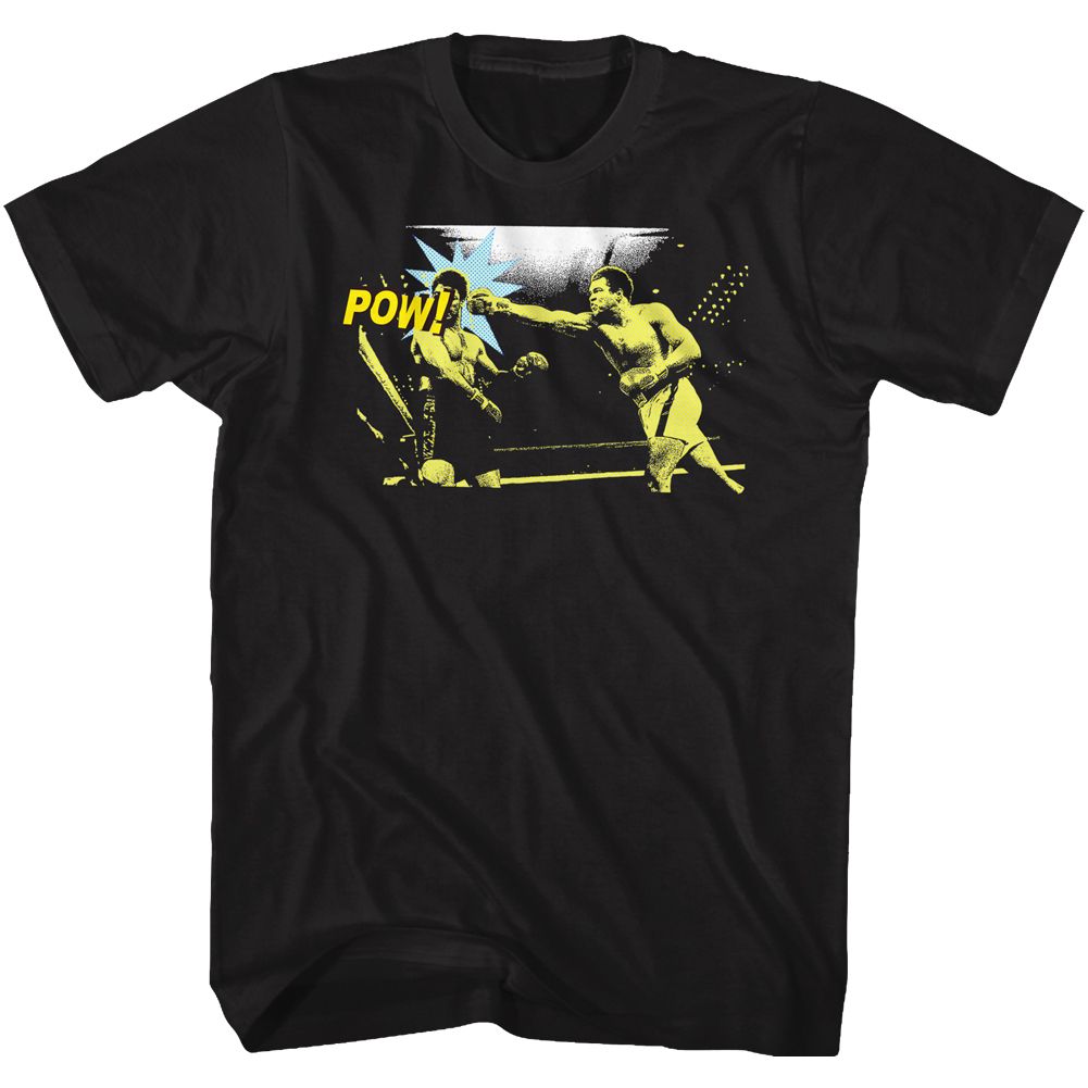 Black Muhammad Ali t-shirt featuring Muhammad Ali POW knockout punch design