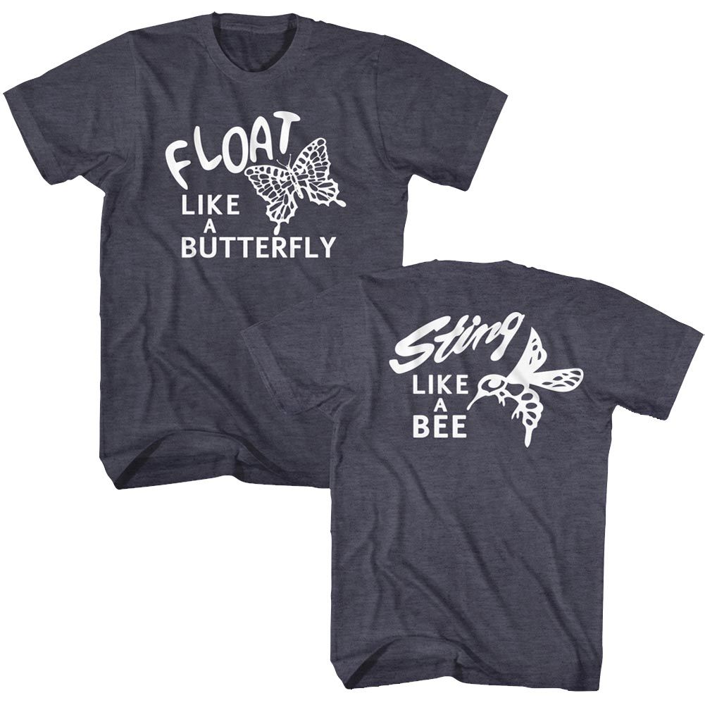 Navy heather Muhammad Ali t-shirt featuring Muhammad Ali Float Sting butterfly bee combined design