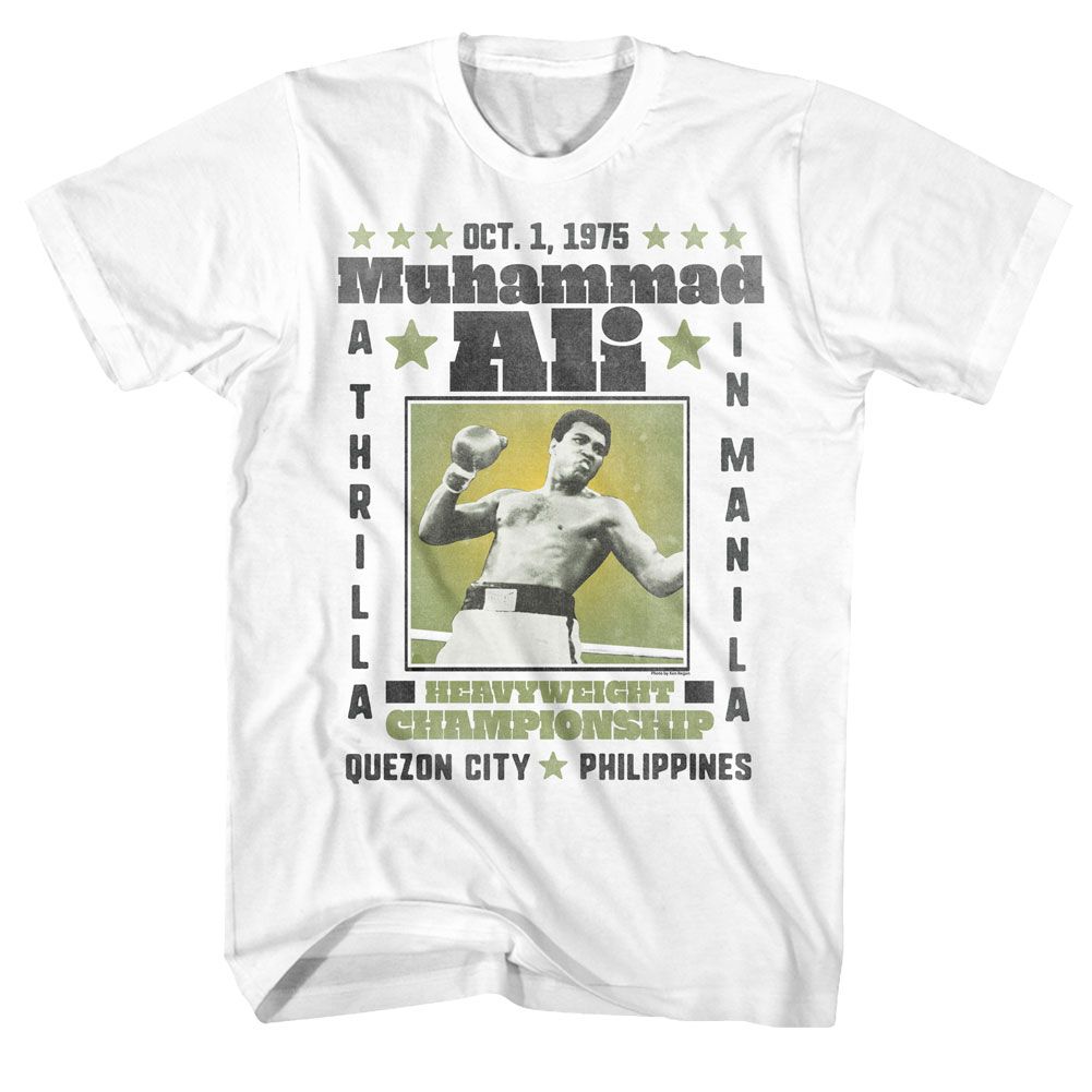 White Muhammad Ali t-shirt featuring Muhammad Ali A Thrilla in Manila boxing design